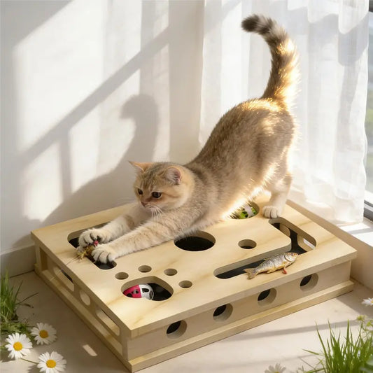 LIVANIRA Universal Wooden Cat Scratch & File Enrichment Box - Claw Care Puzzle Toy with Replaceable Filing Pad, Large Scratch Area, Treat Openings, 3 Toy Balls for Indoor Cats Familyfun Cat Nail File Scratcher Toy